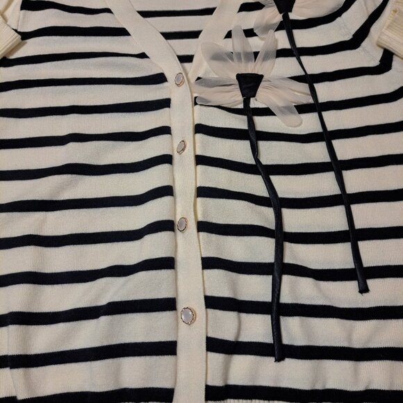 Black and Cream Striped V-Neck Cardigan with Flowers - Picture 5 of 5